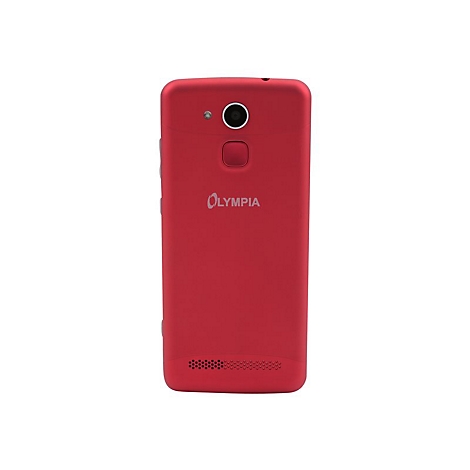 Rotes Smartphone mit Kamera und Schriftzug Olympia. RÃ¼ckseite.