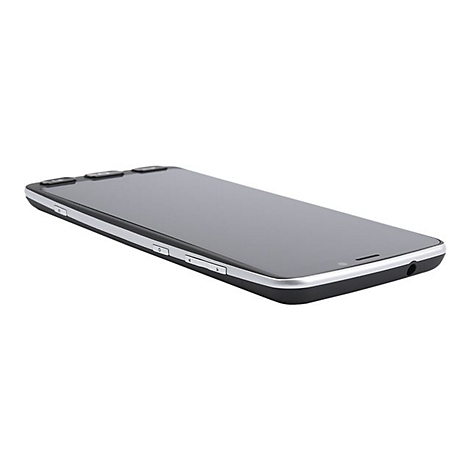 Ein Smartphone in Schwarz-Silber-Optik, leicht angewinkelt, mit sichtbaren KnÃ¶pfen und einem KopfhÃ¶reranschluss.