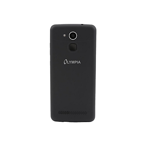Schwarzes Smartphone Olympia, RÃ¼ckseite mit Kamera und Logo.