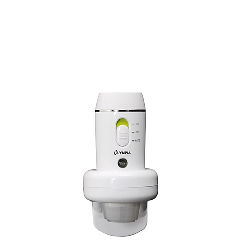 Wit Olympia-apparaat met groene accenten en zilveren elementen. Het heeft een knop, een display en het opschrift "Olympia".