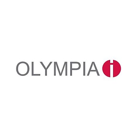 Das graue Logo von Olympia mit einem roten Kreis, der einen vertikalen Balken umschließt.