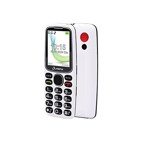 Weißes Olympia-Handy. Uhrzeit 10:15 Uhr, Datum 02.01.2024. Schwarze Tasten, roter Notrufknopf und Kamera auf der Rückseite.