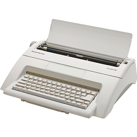 White typewriter with open paper cover and keyboard. Inscription Carrera de Luxe, Olympia.
