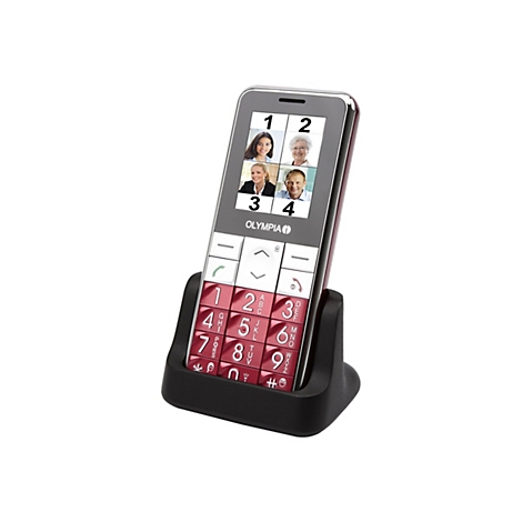 Ein großes, rotes Seniorenhandy in einer schwarzen Ladestation. Auf dem Bildschirm sind Fotos von vier Personen zu sehen, sowie große Ziffern und eine Notruftaste.