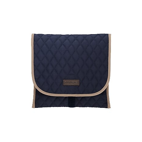 Dunkelblaue, gesteppte Tasche mit beigem Rand und Label.