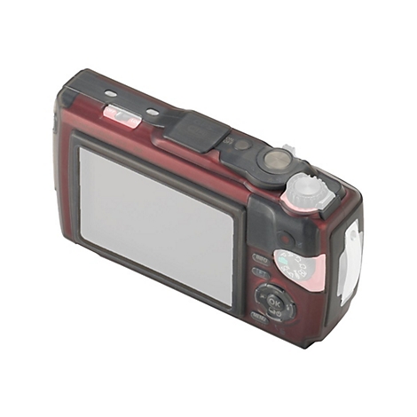 Appareil photo numérique rouge foncé, partiellement transparent. Boutons, écran et détails visibles.