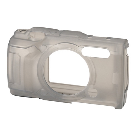 Transparente Kamerahülle, die die Form einer Digitalkamera nachbildet. Schutzhülle aus Kunststoff.