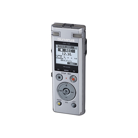 Ein silberner digitaler Audiorecorder Olympus DM-720. Das Display zeigt eine laufende Aufnahme. Tasten für Funktionen und Navigation.