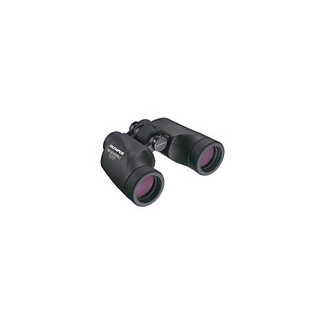 Schwarzes Olympus Fernglas auf weißem Hintergrund.