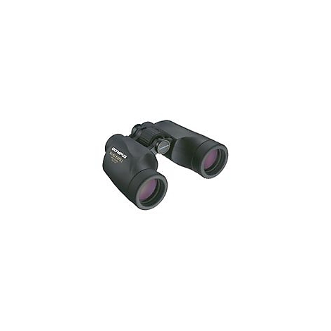 Schwarzes Olympus Fernglas auf weißem Hintergrund.