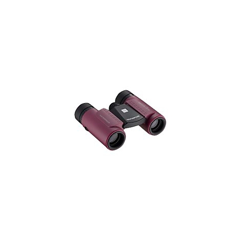 Weinrote Ferngläser, schwarze Linsen, weißer Firmenaufdruck. Auf hellem Grund.