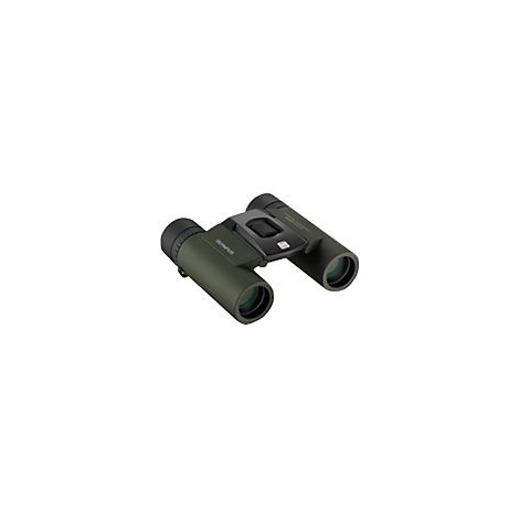 Olivgrünes Fernglas, Marke Olympus, liegt auf weißem Grund. Die Okulare sind nach vorne gerichtet.