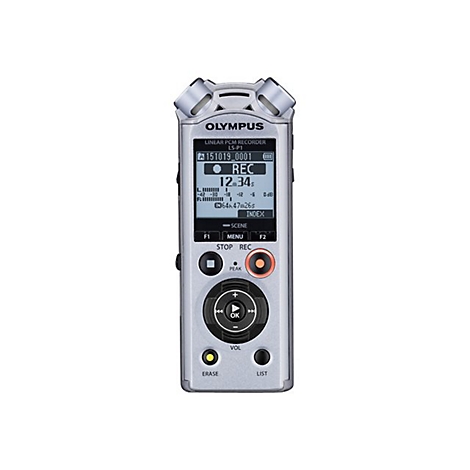 Silberner Olympus LS-P1 digitaler Audiorecorder. Mikrofon oben, Display, Tasten für Aufnahme, Stop, Menü, Lautstärke und Index.