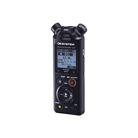 Schwarzer OM SYSTEM Linear PCM Recorder LS-P5 mit LCD-Display und drei Mikrofonen vor weißem Hintergrund.