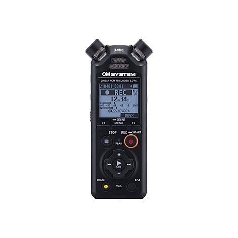 Schwarzer OM System LS-P5 Linear PCM Recorder mit Display und drei Mikrofonen vor weißem Hintergrund.