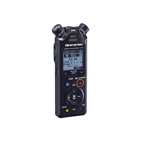 Schwarzes OM SYSTEM LS-P5 Aufnahmegerät mit drei Mikrofonen und Display.