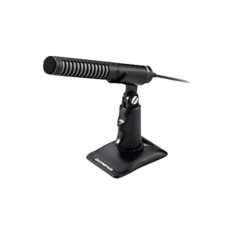 Schwarzes Mikrofon auf einem Ständer, Olympus-Logo auf der Basis.