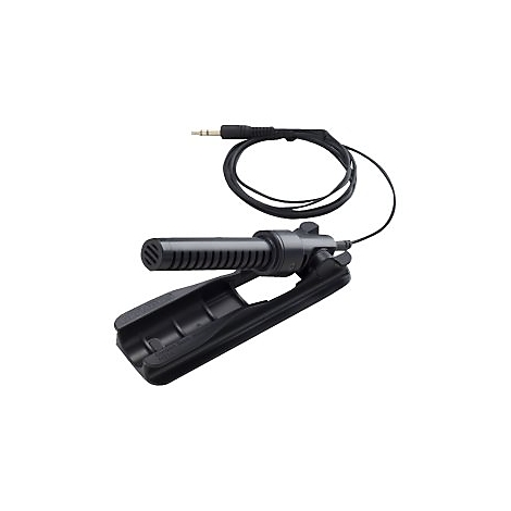 Schwarzes Richtmikrofon mit Kabel und Halterung, vor weißem Hintergrund.