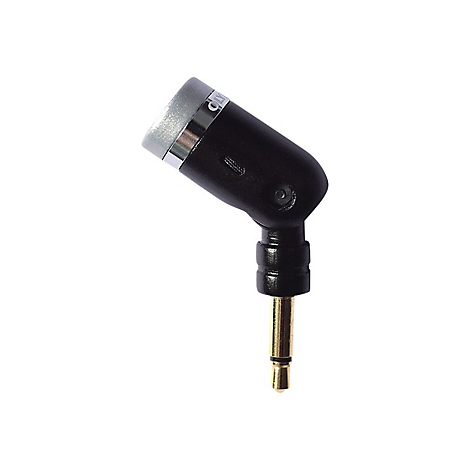 Schwarzes Mikrofon mit goldfarbenem Stecker, geneigt auf weißem Hintergrund.