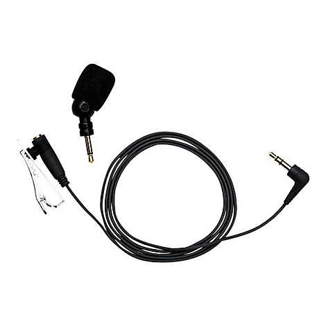 Schwarzes Ansteckmikrofon mit Kabel und Klinkenstecker. Aufsicht, freigestellt.