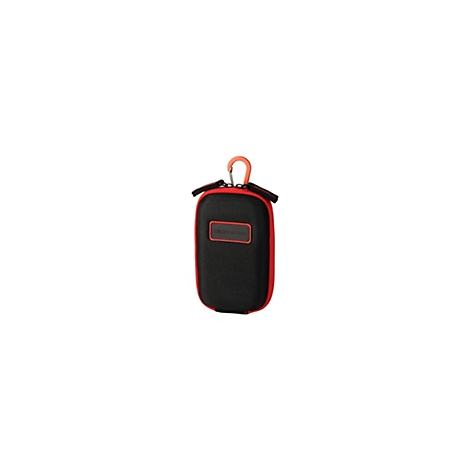 Schwarze Schutzhülle mit rotem Reißverschluss und orangefarbenem Karabiner, OM System Logo vorne.