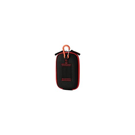 Schwarze, rechteckige Tasche mit roten Kanten, einer Gürtelschlaufe und einem orangefarbenen Karabinerhaken.