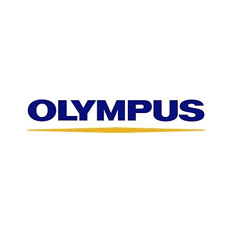 Olympus Logo mit blauem Schriftzug und gelbem Strich darunter auf weißem Grund.