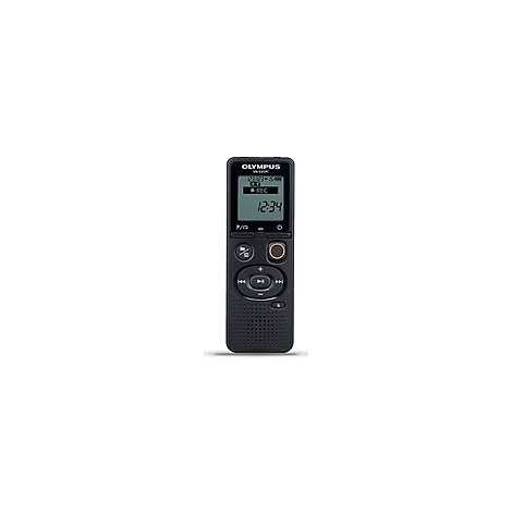 Schwarzes Olympus-Diktiergerät mit Display. Auf dem Display ist die Uhrzeit 12:34 zu sehen. Buttons vorhanden.