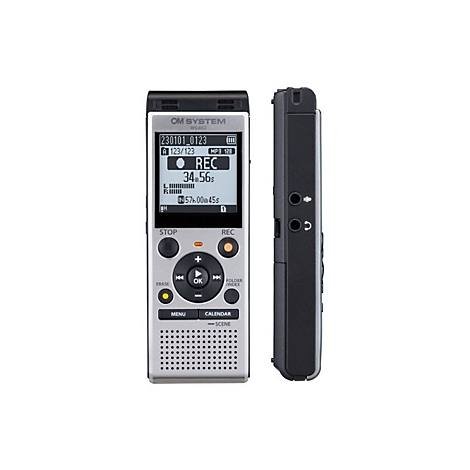 Digitales Diktiergerät OM System WS-882 in Silber mit aktivem Display und Seitenansicht vor weißem Hintergrund.