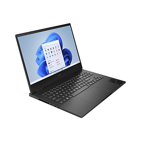 Schwarzer Laptop mit Windows-Startmenü. Tastatur und Bildschirm sind sichtbar. Auf dem Bildschirm sind App-Symbole zu sehen.
