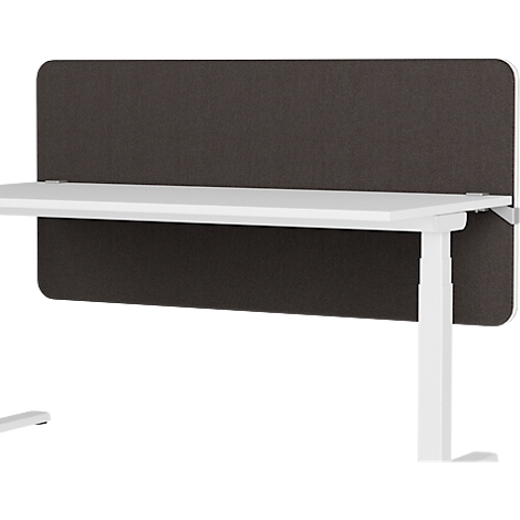 Schreibtisch mit grauer Stoff-Wand und weißem Gestell.
