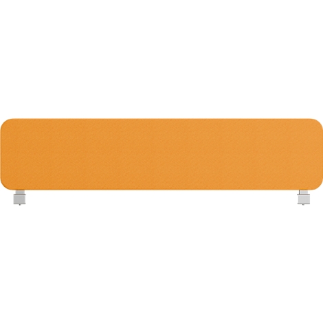 Ein orangefarbener, rechteckiger Raumteiler mit abgerundeten Ecken, der auf zwei silberfarbenen Beinen steht.