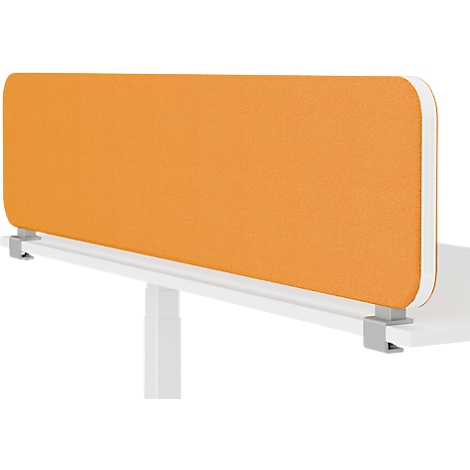Schreibtisch-Trennelement in Orange. Weißer Rahmen, Halterungen für die Tischbefestigung.