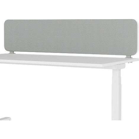 Graues Schreibtisch-Paneel, montiert auf einem weißen Schreibtisch. Im Detail: graues Stoffpaneel und weißes Gestell.