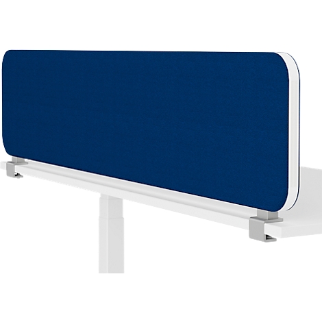Blauer Tischaufsatz, an einem weißen Tisch befestigt. Mit weißen Klemmen gehalten. Der Aufsatz hat abgerundete Ecken.