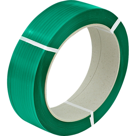 Een rol groen verpakkingstape, omwikkeld met witte tape. De binnenkant is lichtgrijs.