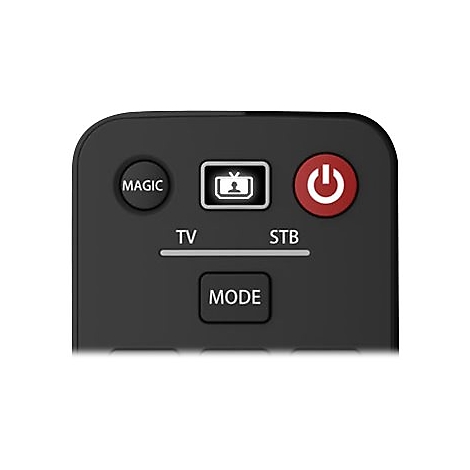 Nahaufnahme der Fernbedienung mit Magic, TV-Symbol, Power-Taste und Modus-Taste.