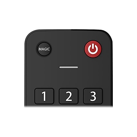 Nahaufnahme einer schwarzen Fernbedienung mit Magic-Taste, roter Power-Taste und Ziffern 1 bis 3.
