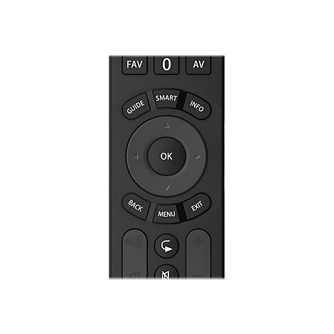 Nahaufnahme des mittleren Tastenfeldes einer schwarzen TV-Fernbedienung mit Navigation und Menü-Tasten.