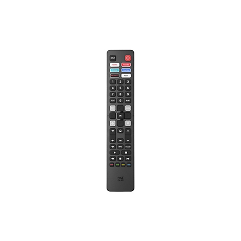 Schwarze One For All Fernbedienung vor weißem Hintergrund mit Tasten für Streaming-Dienste und Zahlen.