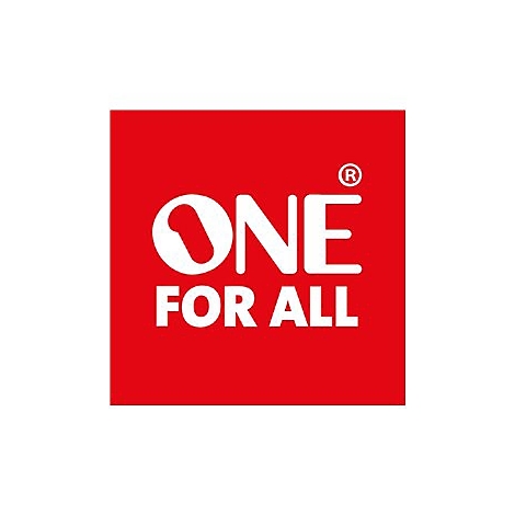 Rotes Quadrat mit weiÃŸem Schriftzug ONE FOR ALL. Das O hat eine weiÃŸe geschwungene Linie.