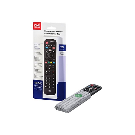 One For All Ersatzfernbedienung für Panasonic TV in Blisterverpackung mit zusätzlicher Fernbedienung in Schutzhülle.