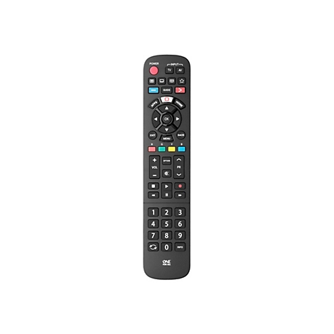 Schwarze One For All TV-Fernbedienung mit zahlreichen Tasten, zentralem Navigationskreuz und Ziffernblock.
