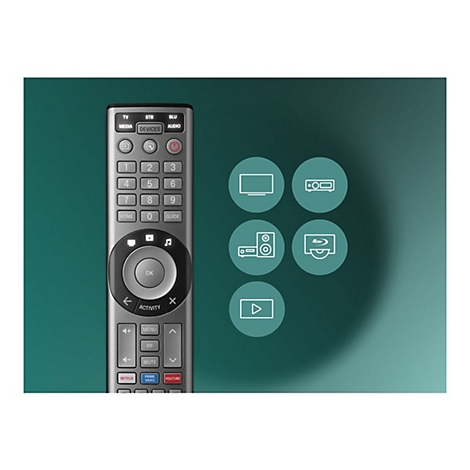 Silberne Fernbedienung vor grünem Hintergrund mit Symbolen für TV, Audio und Video.