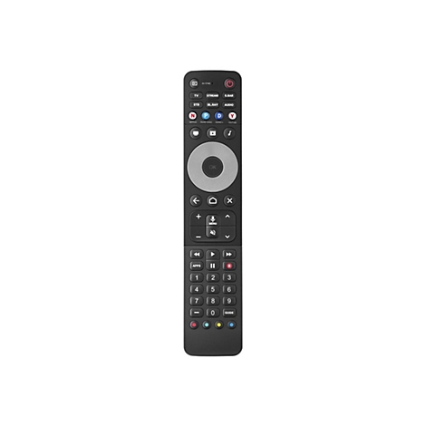 Schwarze Fernbedienung mit runder Navigationstaste und Tasten für Streaming-Dienste vor weißem Hintergrund.
