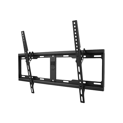 Schwarze, neigbare TV-Wandhalterung aus Metall vor weißem Hintergrund.