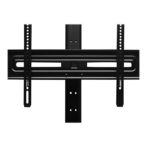 Schwarze TV-Wandhalterung aus Metall mit vertikalen Schienen vor weißem Hintergrund.