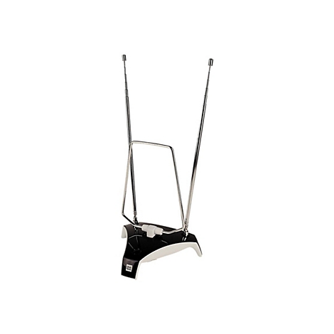 Eine One For All Zimmerantenne mit zwei ausziehbaren Metallantennen auf einem schwarz-weißen Sockel.