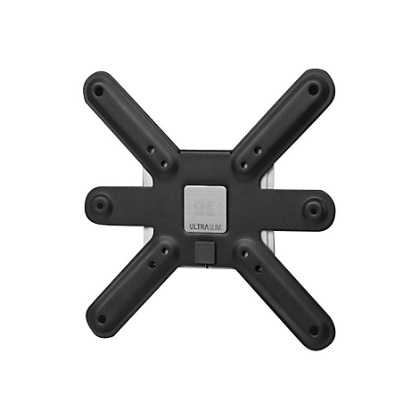 Schwarze, X-förmige Wandhalterung mit Logo-Platte in der Mitte vor weißem Hintergrund.