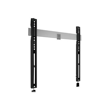 Schwarze TV-Wandhalterung mit horizontaler Metallschiene und zwei vertikalen Montagearmen vor weißem Hintergrund.